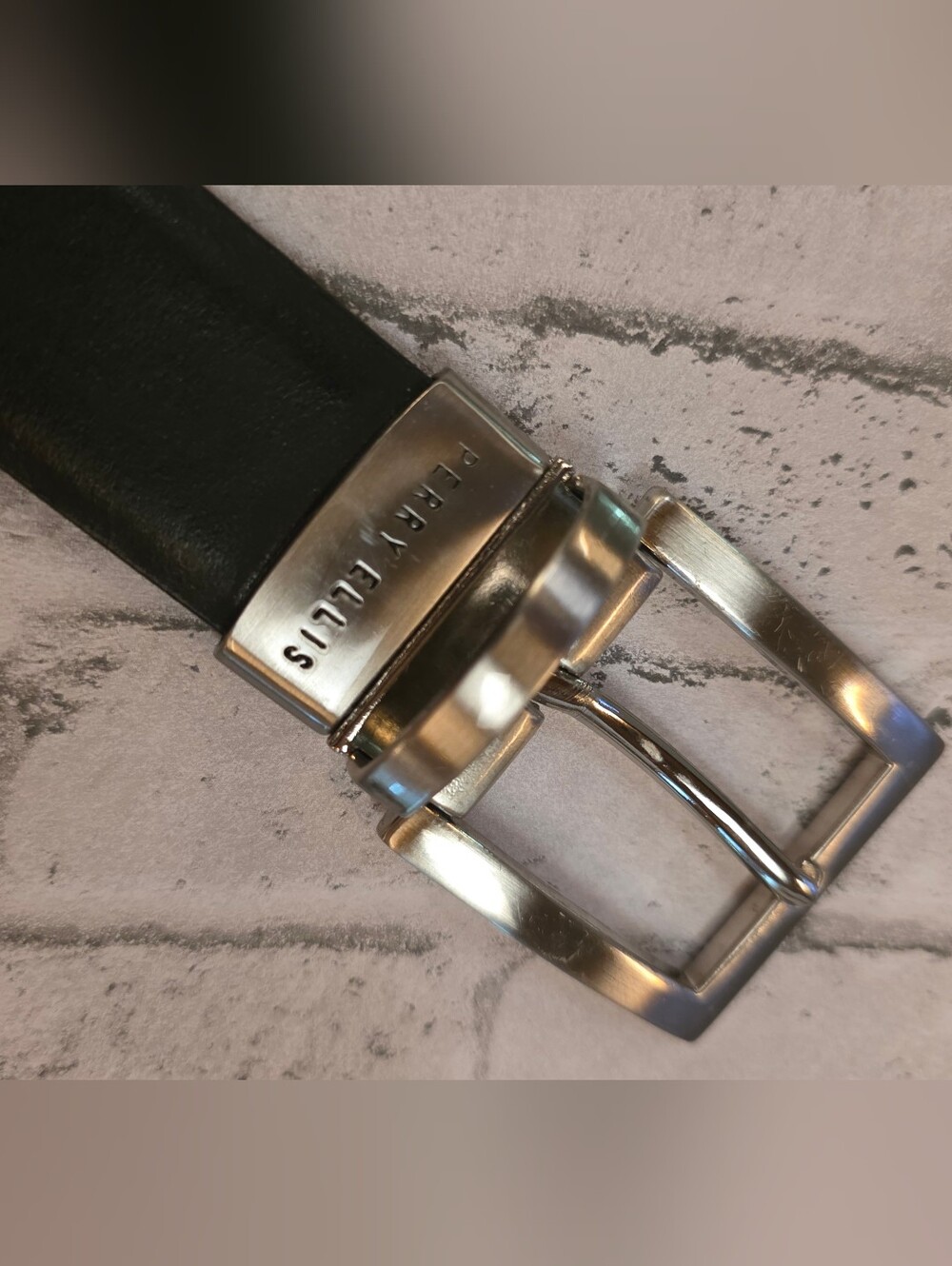 Perry Ellis Black/Brown Reversible Men's Leather Belt with Brushed Silver Buckle
